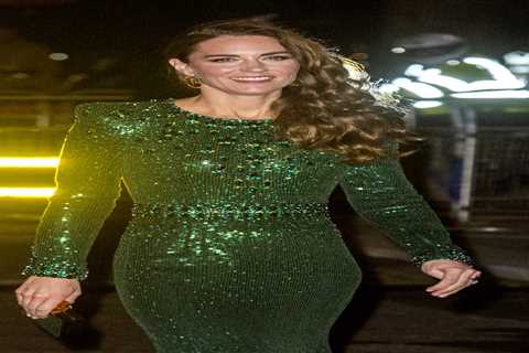Thrifty Kate strikes again as she recycles green sequinned gown and gold earrings for date night..