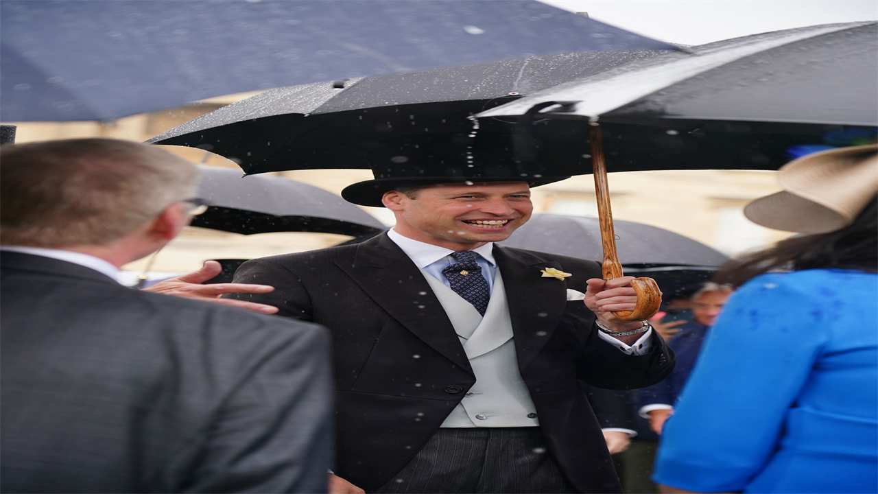 Prince William and Kate Middleton are all smiles despite the rain as they step in for Queen at Royal Garden Party