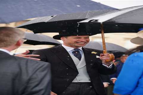 Prince William and Kate Middleton are all smiles despite the rain as they step in for Queen at..