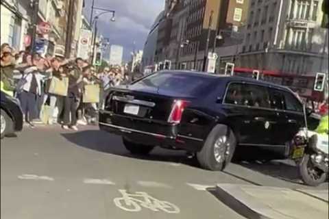 Watch as Joe Biden gets stuck in traffic in his armoured limousine The Beast on way to the Queen’s..