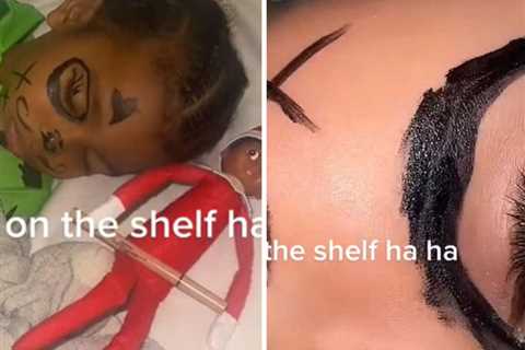 North West Draws on Sleeping Psalm's Face With KKW Eyeliner as an Elf on the Shelf Prank
