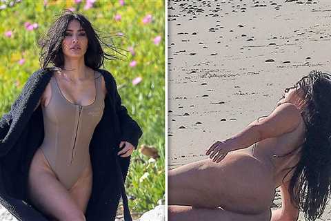 Kim Kardashian Hits Malibu Beach in Spectacular Beige One-Piece for SKIMS Photo Shoot