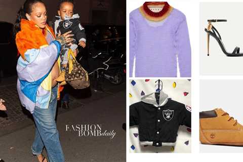 Rihanna Wore a Marni Multicolor Jacket and Marni Knitted Top with her son in a Raiders NFL Jacket..