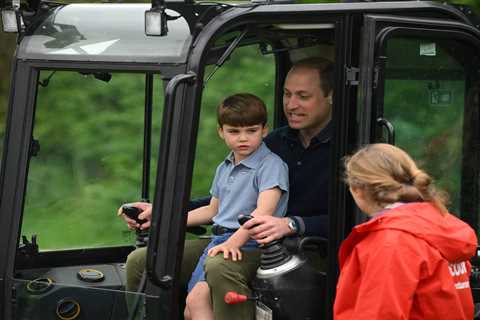 Prince Louis rides digger as Charlotte paints fence and George gets drilling on Scout visit with..
