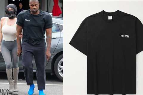 Kanye West Wore a Vetements Shirt with Shoulder Pads and Blue Sock Shoes While with Wife Bianca..