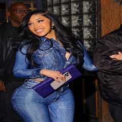 Cardi B Stops by Sei Less in a Denim Balenciaga Look, Christian Louboutin Platforms, and an Hermes..