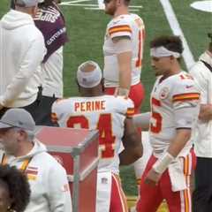 Samaje Perine responds to awkward Patrick Mahomes moment on Chiefs sideline during Super Bowl 2025..