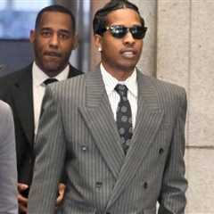 A$AP Rocky Arrived to Court in a Dark Grey Saint Laurent FW24 Pinstripe Suit + Rihanna Celebrates..