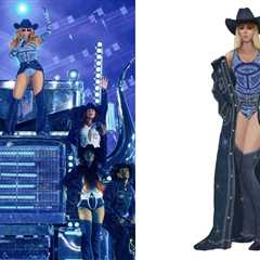 Beyonce Performed in a Blue Denim Telfar Set and Cobalt Blue Paisley Bodysuit on her Cowboy Carter..