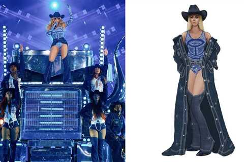 Beyonce Performed in a Blue Denim Telfar Set and Cobalt Blue Paisley Bodysuit on her Cowboy Carter..