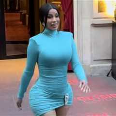 Cardi B Greets Fans in Area Teal Crystal Mini Dress While Promoting Outside in Paris
