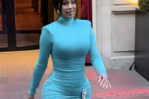 Cardi B Greets Fans in Area Teal Crystal Mini Dress While Promoting Outside in Paris