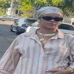 Rihanna Spotted in LA Wearing a Striped Savage x Fenty Pajama Set and Blush Satin Maison Margiela..