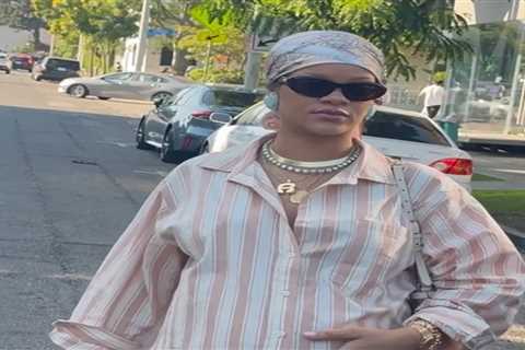 Rihanna Spotted in LA Wearing a Striped Savage x Fenty Pajama Set and Blush Satin Maison Margiela..