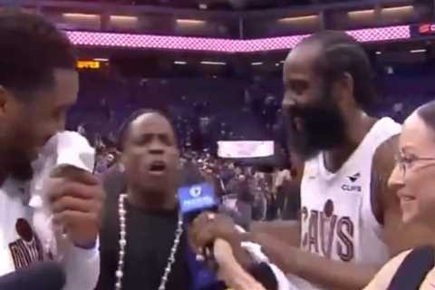 Travis Scott goes wild while crashing James Harden TV interview