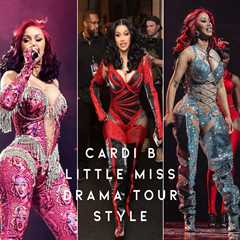 On Stage at the Little Miss Drama Tour: Cardi B in Teal, Plaid, and Red Crystal-Embellished Bryan..