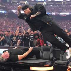 Jelly Roll Smashes Pat McAfee Through a Table at WrestleMania