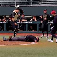 College baseball umpire knocked out of game by foul ball in terrifying scene