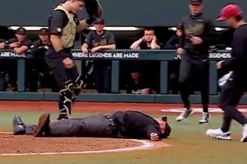 College baseball umpire knocked out of game by foul ball in terrifying scene