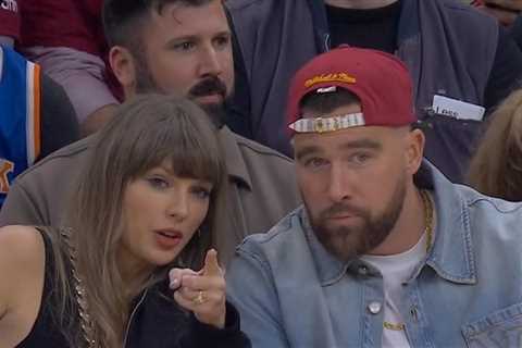 Taylor Swift Gives Travis Kelce Gum Courtside at Knicks-Cavs Playoff Game
