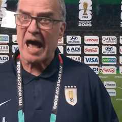 Uruguay manager Marcelo Bielsa screams at reporter after World Cup elimination following goalie..